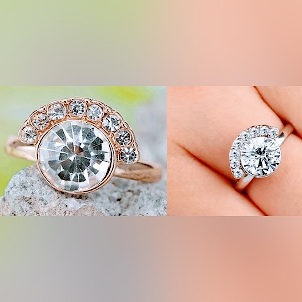 Half Moon Rose Gold‎ Plated S925 Simulated Diamond Ring, Size 5.5